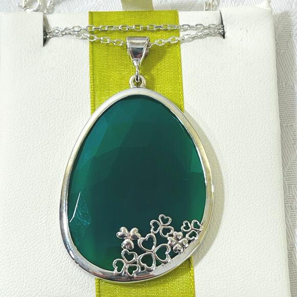 JMH Sterling Silver Shamrock Green Onyx Pendant Necklace Ireland Irish Clover - Picture 3 of 10